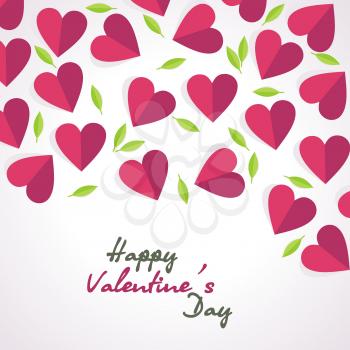 Valentine's day card, vector background with red hearts and green leaves.