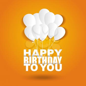Happy birthday card with flat white letters and ballons on bright background, vector illustration. 