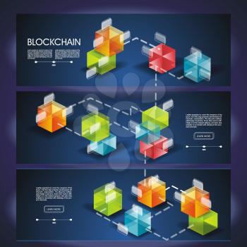 Block chain  with connected crystal block, miner of transaction. Vector illustration.
