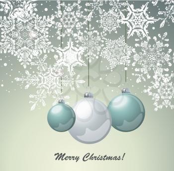 Christmas card design with glass balls and snowflakes.