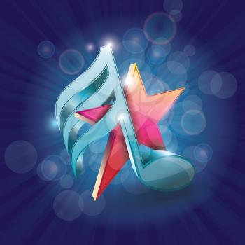 3D shiny colorful musical note with star on abstract background, vector.
