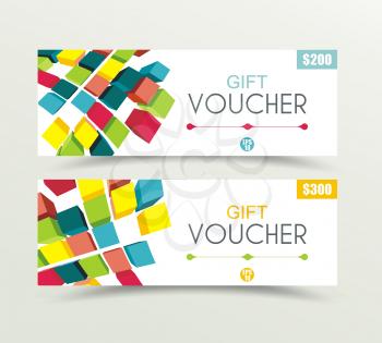 Gift voucher template with bright colores 3d cubes design, vector.