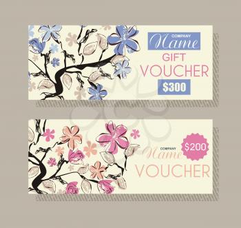 Gift voucher template with floral design, vector.