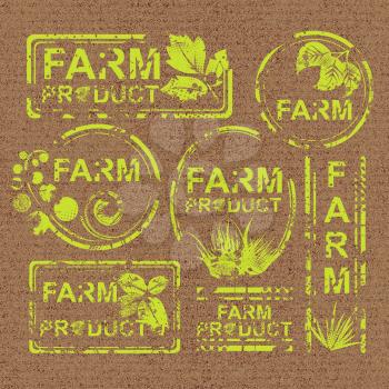 Set of organic and farm fresh food badges and labels on cardboard background.