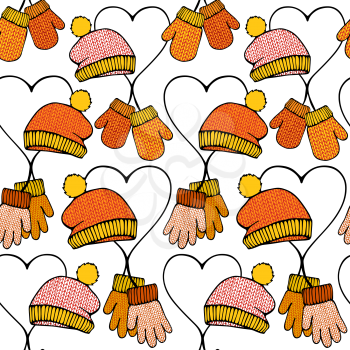 Winter seamless pattern with knitted hats ans mittens