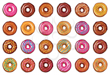 Decorative hand drawn donuts with different colorful icing set. Sweet desert doodle vector illustration