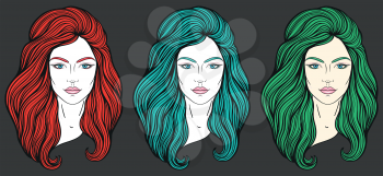 Beautiful girl faces with long hair, make up and neutral expression. Hand drawn woman portraits stylized in lines set. Decorative vector illustration