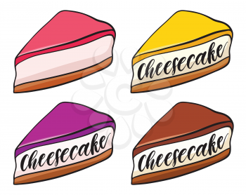 Decorative hand drawn colorful cheesecake set. Isolated on white background. Sweet desert doodle vector illustration