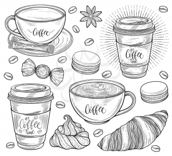 Decorative coffee set. Americano, latte, cappuccino cup, coffee beans, croissant, macaroons, candy, sugar, french meringue cookie. Isolated on white background. Hand drawn in lines vector illustration