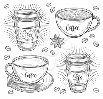 Decorative coffee set. Americano, latte, cappuccino cup, coffee beans, croissant, macaroons, candy, sugar, french meringue cookie. Isolated on white background. Hand drawn in lines vector illustration
