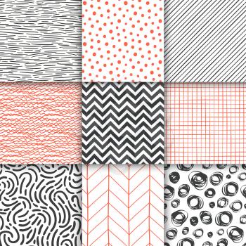 Abstract hand drawn geometric simple minimalistic seamless patterns set. Polka dot, stripes, waves, random symbols textures. Vector illustration