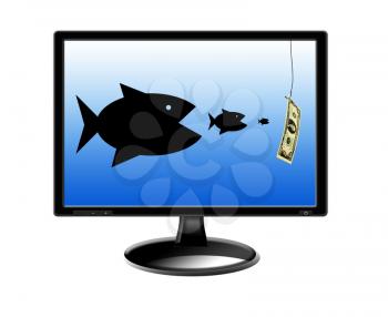 fishes devouring each other and pursuing for money on the screen of monitor