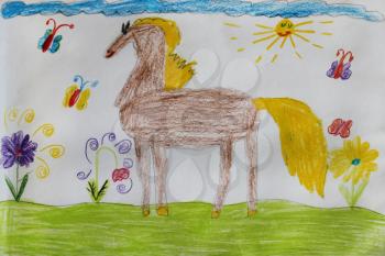 Multicolored child's drawing with nice funny horse