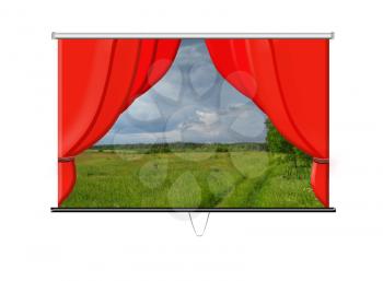 beautiful white screen with red curtains and evening landscape