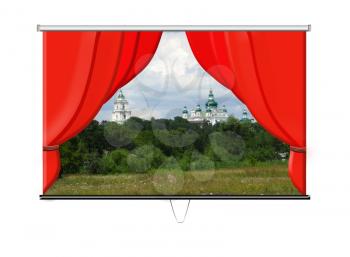 screen with red curtains and beautiful landscapes with churches and nature