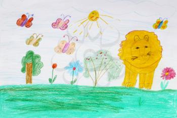 Multicolored children's drawing with butterflies and lion