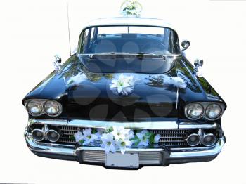 The retro car for the wedding on a white background