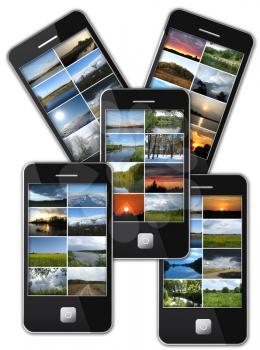 image of five modern mobile phones with many photo of landscapes