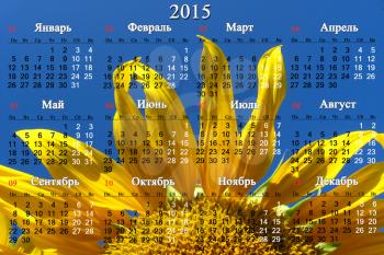 office calendar for 2015 year with big yellow sunflower in Russian