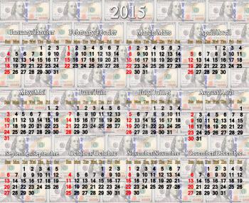 calendar for 2015 year on the American dollar's background