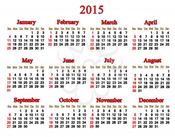 calendar for 2015 year in English on white background