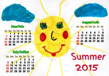 calendar for summer of 2015 with children's drawing with funny sun and clouds