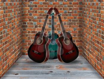 three guitars in the corner of the room with brick walls