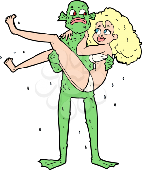 Royalty Free Clipart Image of a Swamp Monster Carrying a Woman Wearing a Bikini