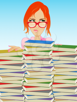 Girl Wearing Glasses Behind a Stack of Books