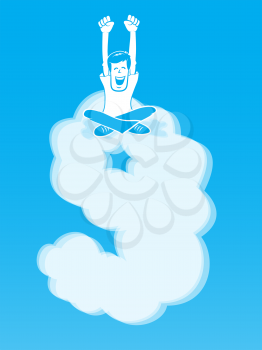 Happy Man sitting atop a cloud shaped like the number 9