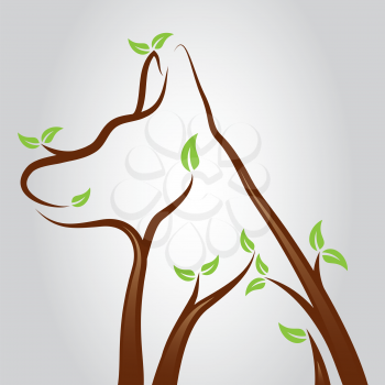 Illustration of a dog shape growing from tree branches