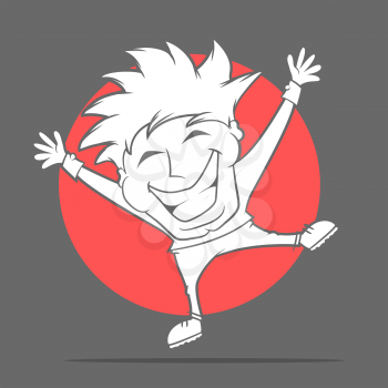 Illustration of a black and white cartoon character jumping for joy