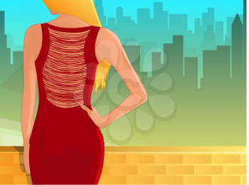 Beautiful woman stands in front of a a cityscape wearing a red dress with an open back