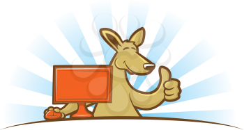 Cartoon kangaroo sitting at a computer giving a thumbs up sign