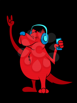 Illustration of a red dog dancing with his mp3 player
