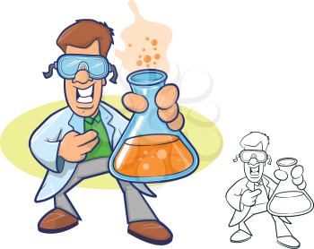 Illustration of a smiling chemist wearing a lab coat and holding a beaker full of bubbly liquid