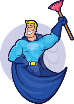 Superhero wearing a cape and holding a plunger