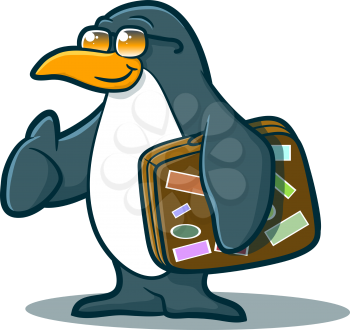 Illustration of a cute penguin holding a suitcase with his thumb in the air