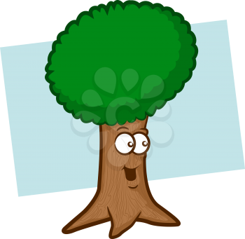 Illustration of a smiling tree cartoon with green leaves