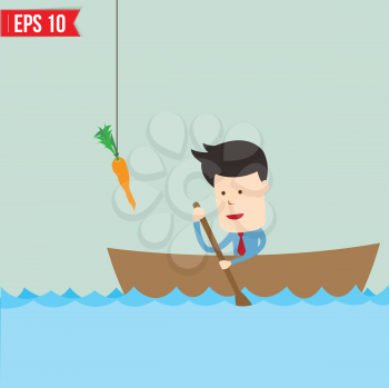Cartoon business man  rowing a boat try to reach carrot - Vector illustration - EPS10
