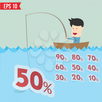 Cartoon businessman catching sale tag  in the sea - Vector illustration - EPS10