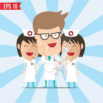 Cartoon doctor and nurse smile and using syringe - Vector illustration - EPS10