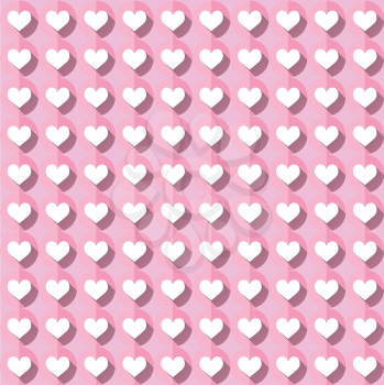 White hearts in flat icon style with long shadows. Abstract seamless pattern. Vector illustration.