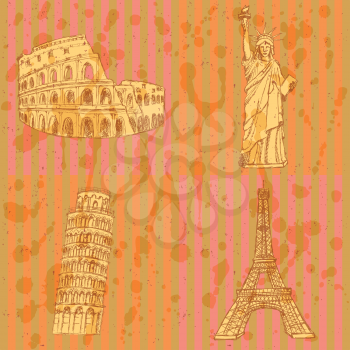 Sketch Eifel tower, Pisa tower, Coloseum and Statue of Liberty, vector vintage set