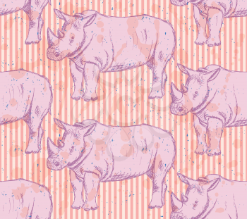 Sketch wild rhino, vector vintage seamless pattern