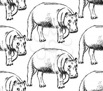 Sketch hippo, vector vintage seamless pattern eps 10