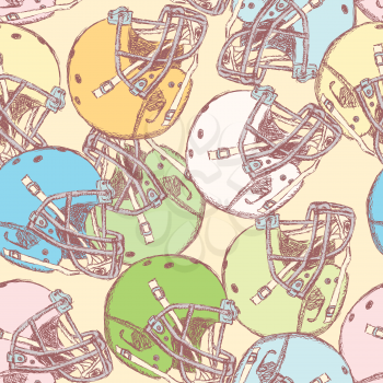 Sketch football helmet, vector vintage seamless pattern