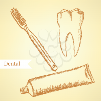 Sketch tooth paste, tooth brush and teeth, vector vintage background