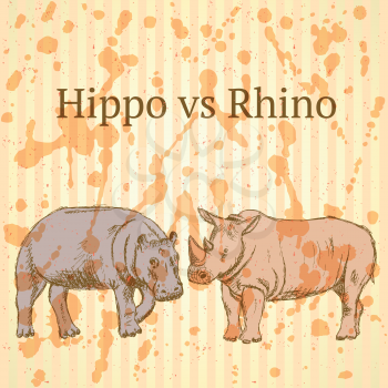Sketch hippo vs rhino, vector vintage seamless pattern eps 10