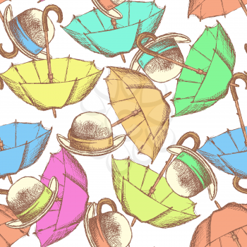 Sketch open umbrella and hat in vintage style